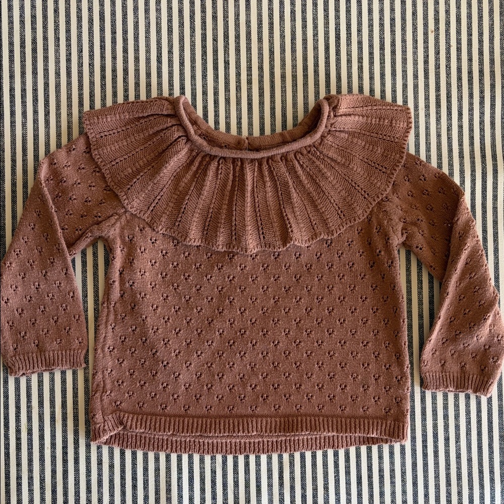 Girls Ruffled Yoke Knit Sweater - Dusty Rose